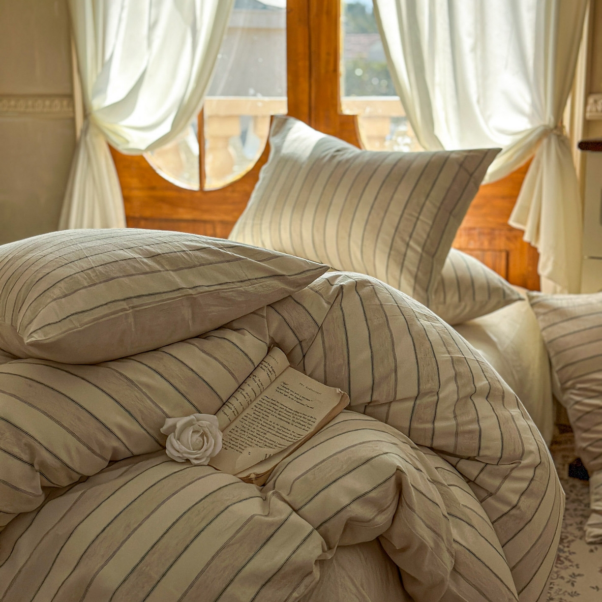 91家纺网 家纺一手货源 找家纺 田野 2026新款全棉棉麻四件套-条纹系列 禾风 紫条