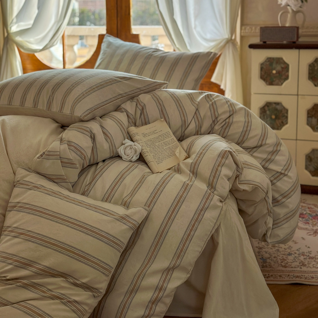 91家纺网 家纺一手货源 找家纺 田野 2026新款全棉棉麻四件套-条纹系列 禾风 卡其