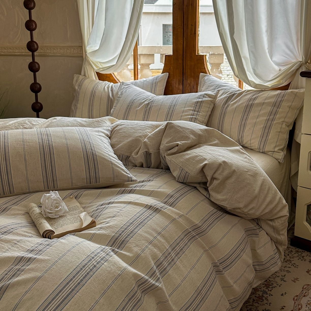 91家纺网 家纺一手货源 找家纺 田野 2026新款全棉棉麻四件套-条纹系列 禾风 兰灰