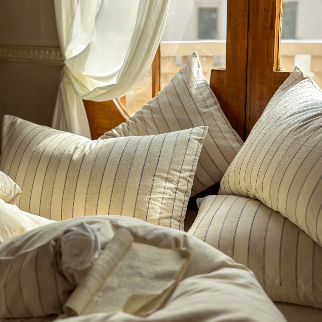 91家纺网 家纺一手货源 找家纺 田野 2026新款全棉棉麻四件套-条纹系列 禾风 紫条