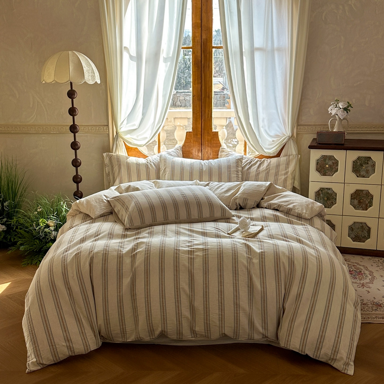 田野 2026新款全棉棉麻四件套-条纹系列 禾风 卡其