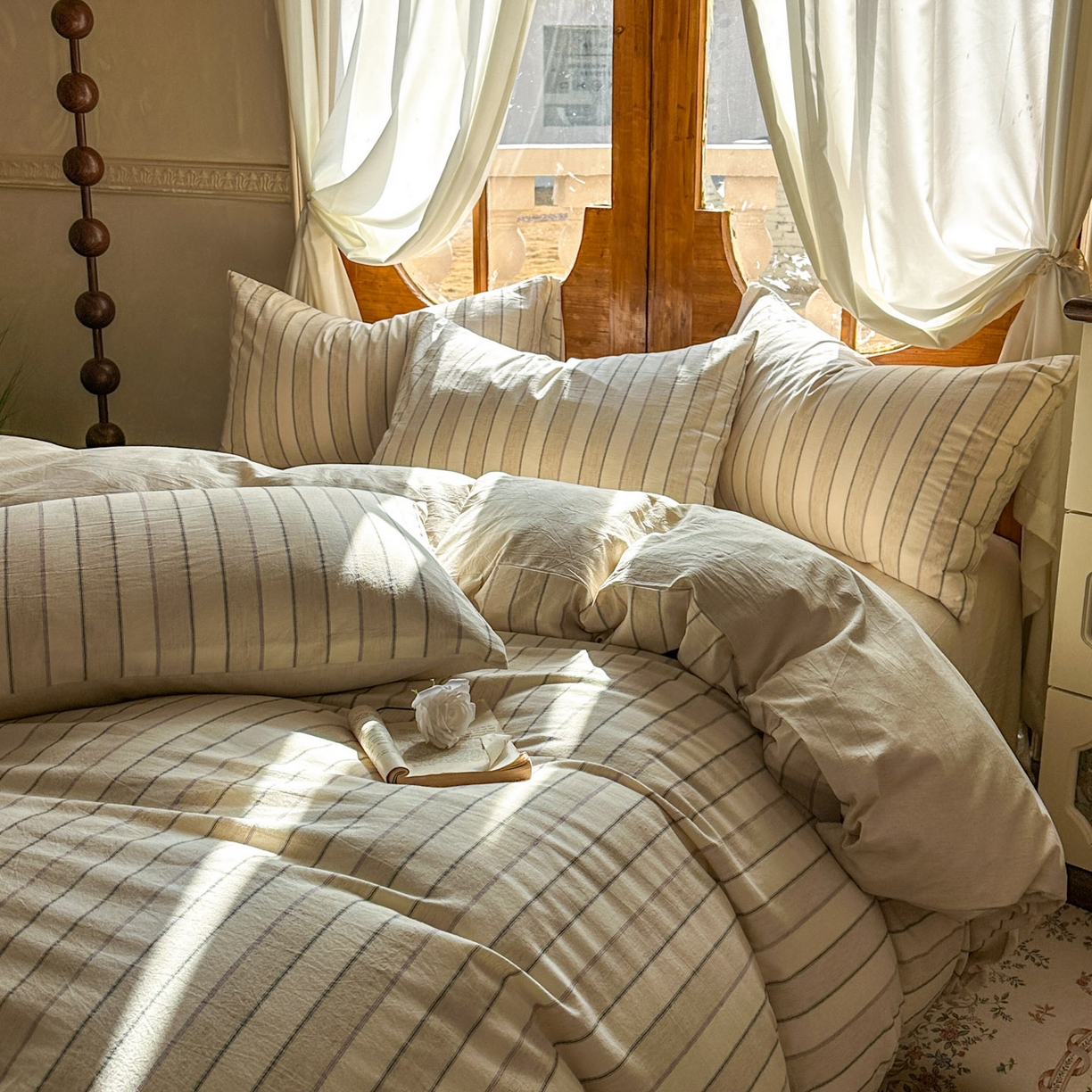 91家纺网 家纺一手货源 找家纺 田野 2026新款全棉棉麻四件套-条纹系列 禾风 紫条