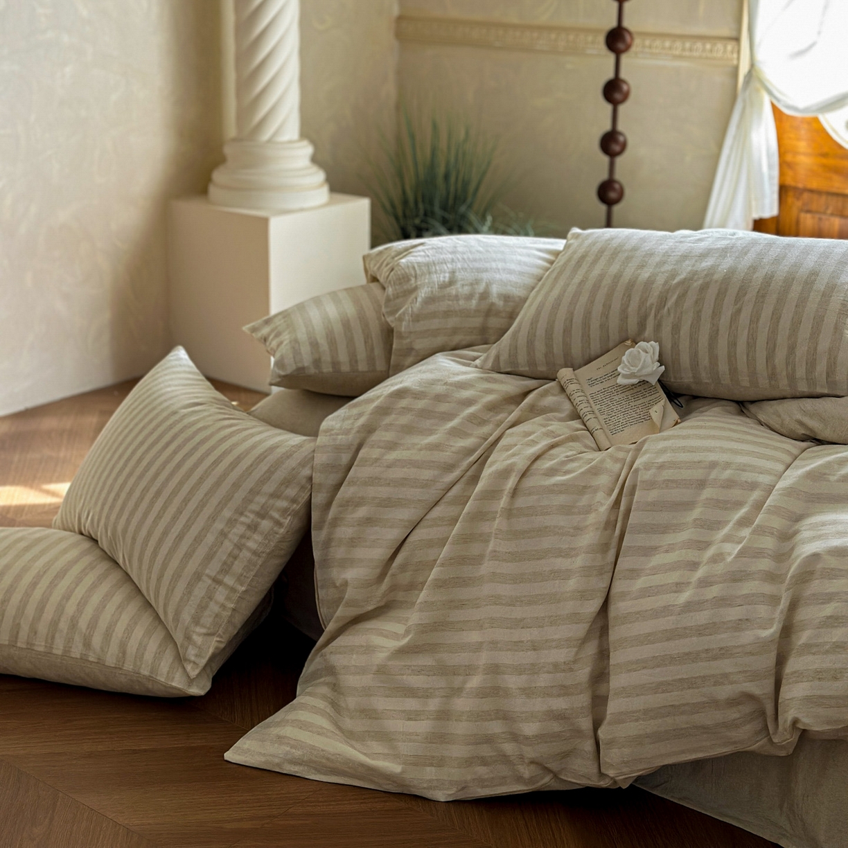 91家纺网 家纺一手货源 找家纺 田野 2026新款全棉棉麻四件套-条纹系列 禾风 米驼