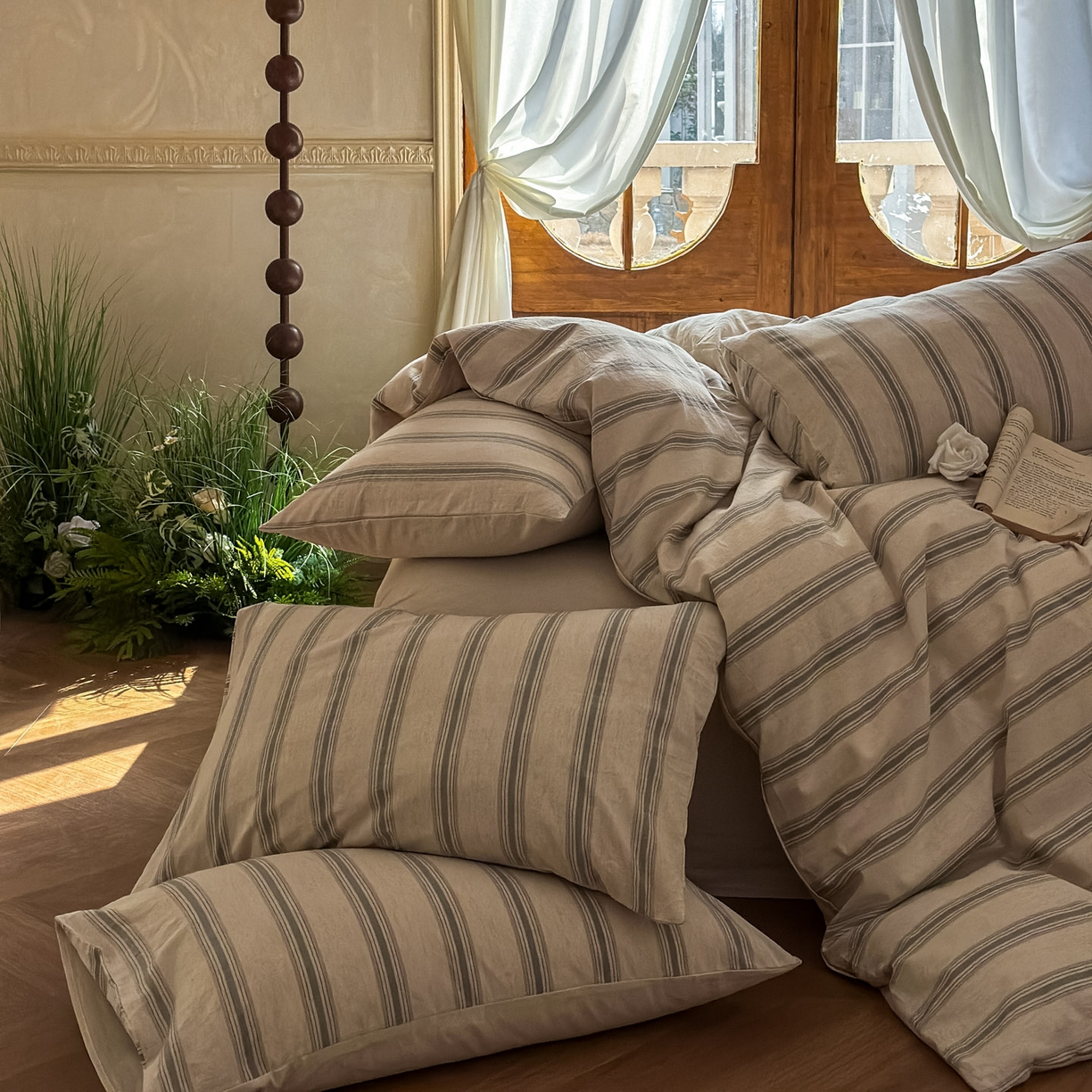 91家纺网 家纺一手货源 找家纺 （总）田野 2026新款全棉棉麻四件套-条纹系列