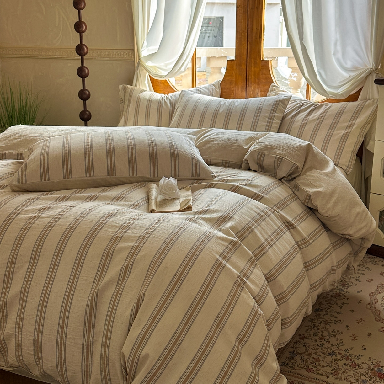91家纺网 家纺一手货源 找家纺 田野 2026新款全棉棉麻四件套-条纹系列 禾风 卡其