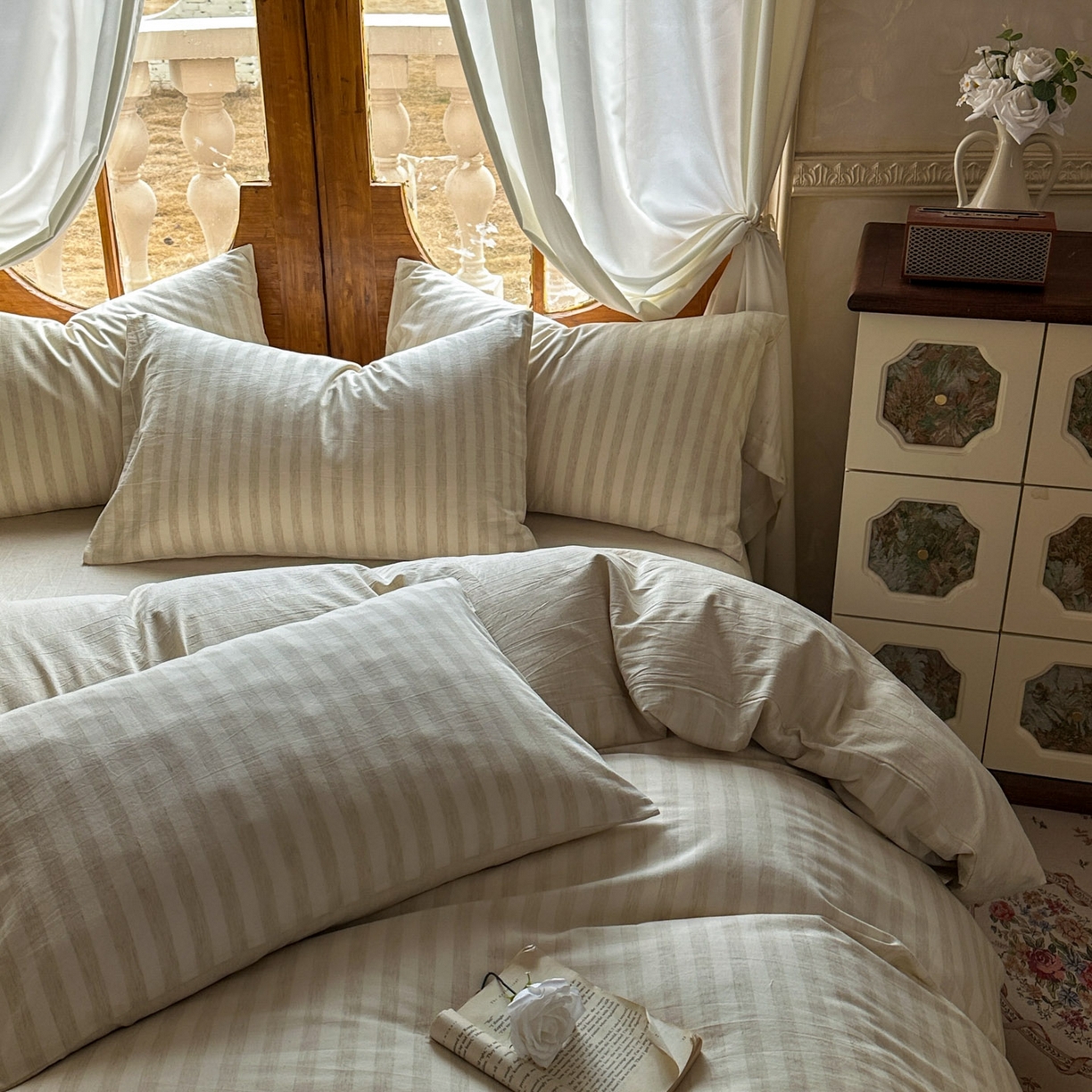 91家纺网 家纺一手货源 找家纺 田野 2026新款全棉棉麻四件套-条纹系列 禾风 米驼