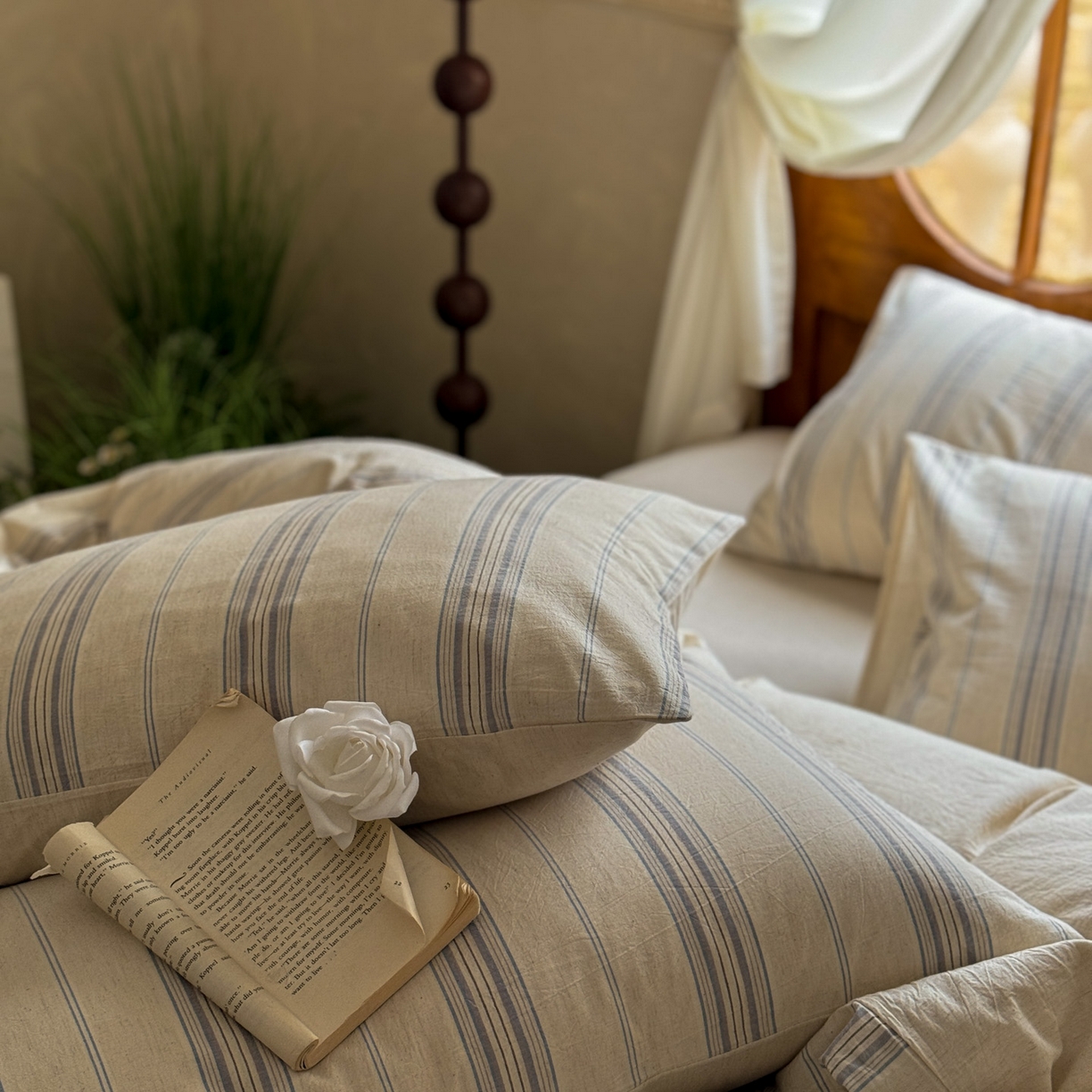 91家纺网 家纺一手货源 找家纺 田野 2026新款全棉棉麻四件套-条纹系列 禾风 兰灰