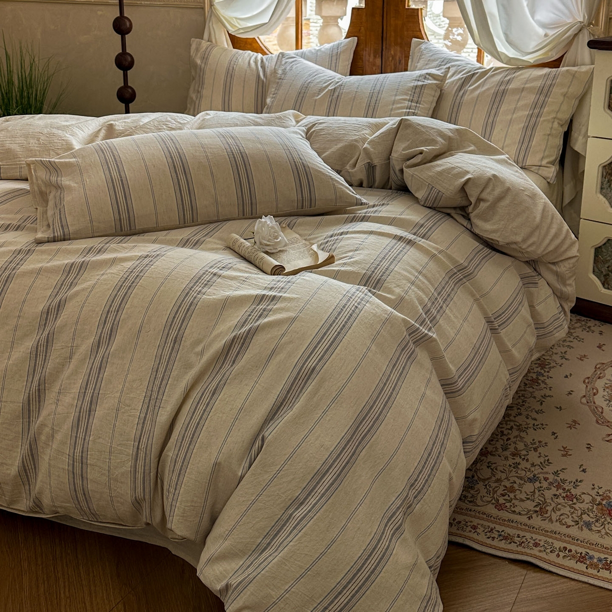 91家纺网 家纺一手货源 找家纺 田野 2026新款全棉棉麻四件套-条纹系列 禾风 兰灰