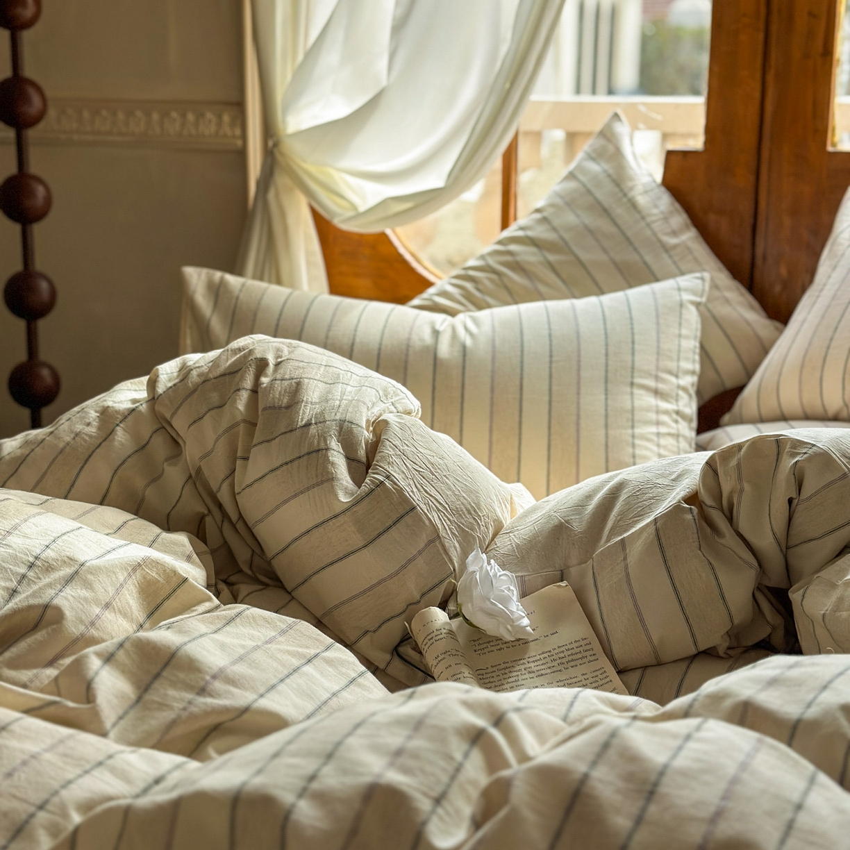 91家纺网 家纺一手货源 找家纺 田野 2026新款全棉棉麻四件套-条纹系列 禾风 紫条