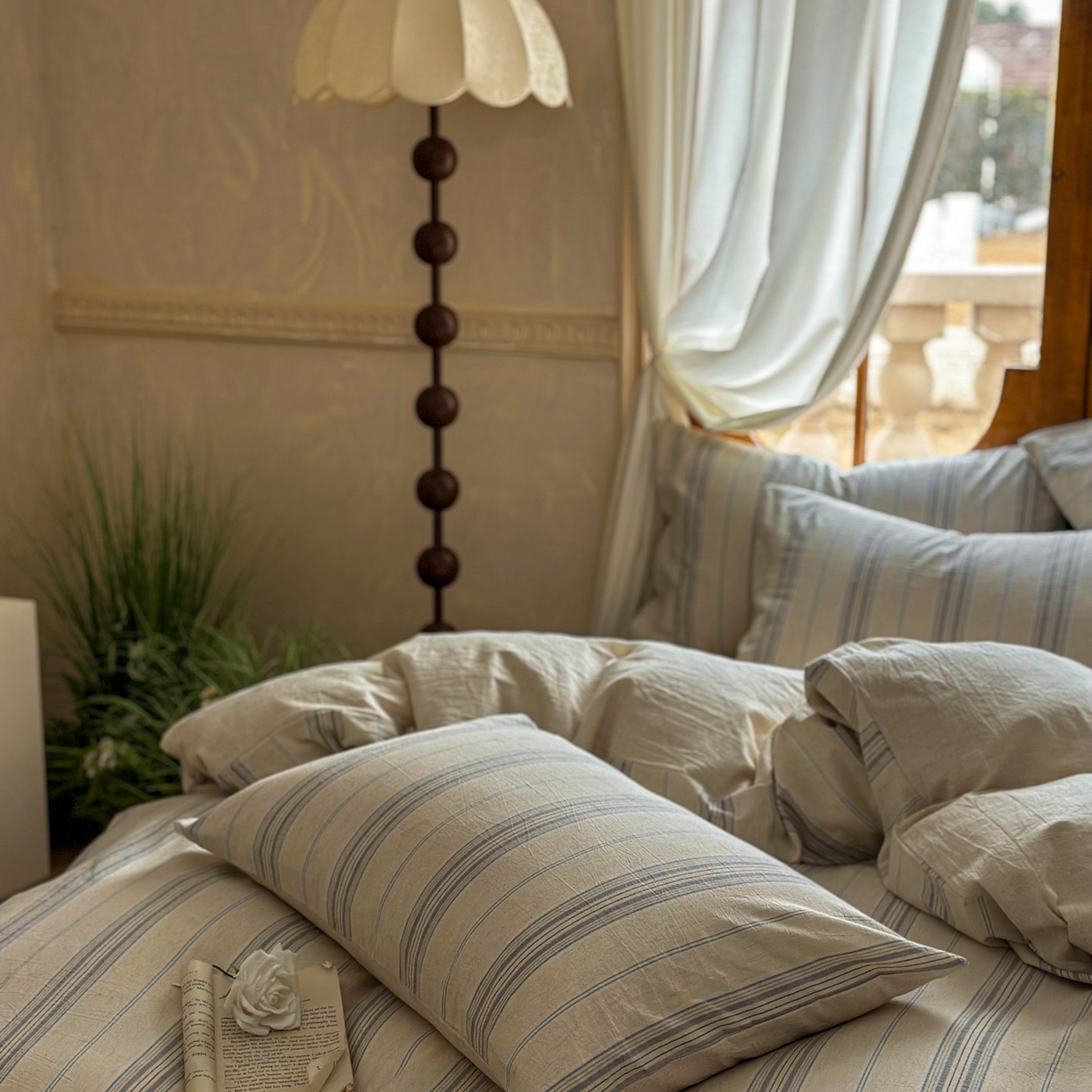 91家纺网 家纺一手货源 找家纺 田野 2026新款全棉棉麻四件套-条纹系列 禾风 兰灰