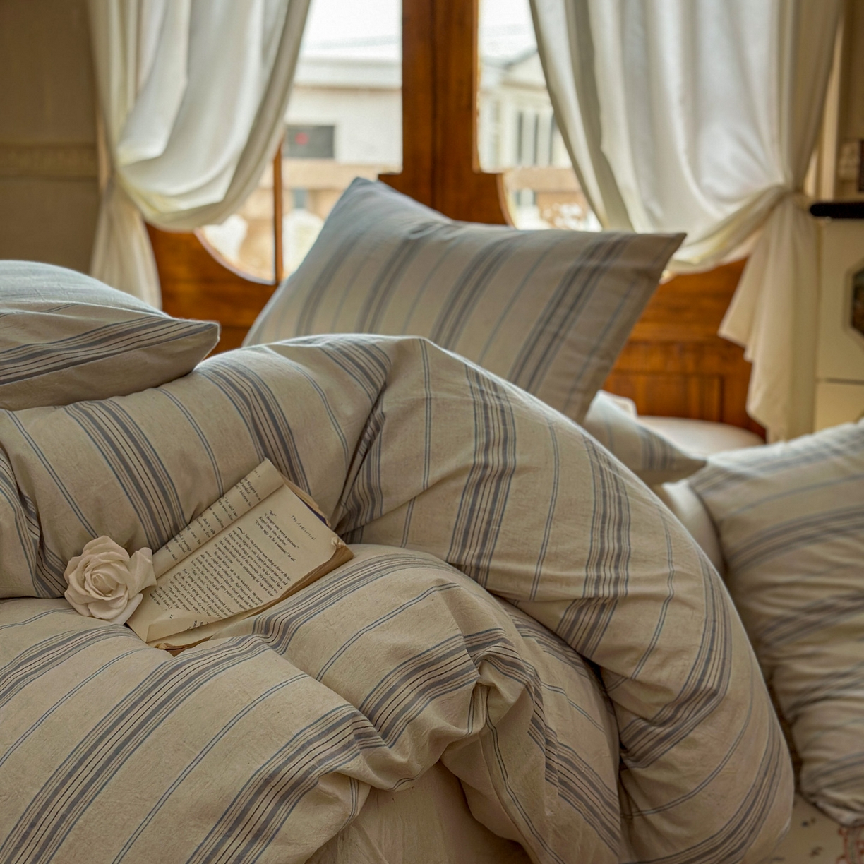 91家纺网 家纺一手货源 找家纺 田野 2026新款全棉棉麻四件套-条纹系列 禾风 兰灰