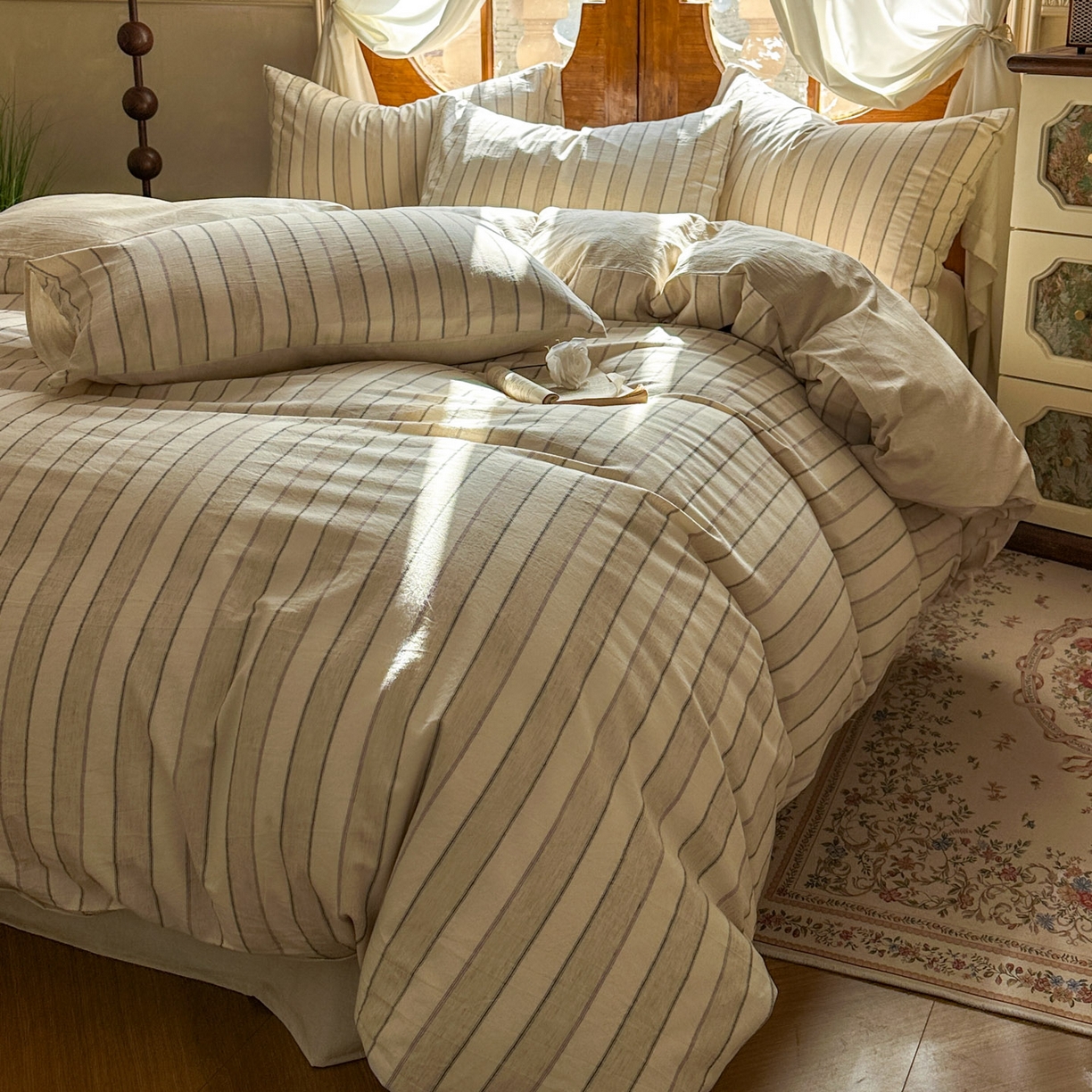 91家纺网 家纺一手货源 找家纺 田野 2026新款全棉棉麻四件套-条纹系列 禾风 紫条