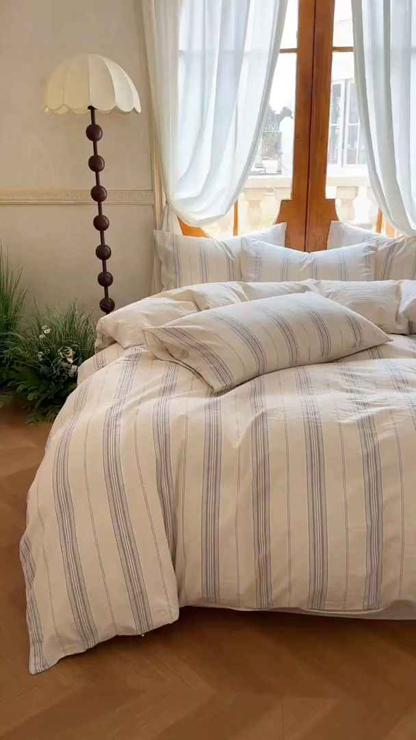 91家纺网 家纺一手货源 找家纺 田野 2026新款全棉棉麻四件套-条纹系列 禾风 兰灰