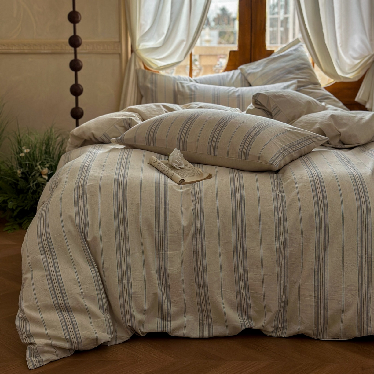 91家纺网 家纺一手货源 找家纺 田野 2026新款全棉棉麻四件套-条纹系列 禾风 兰灰