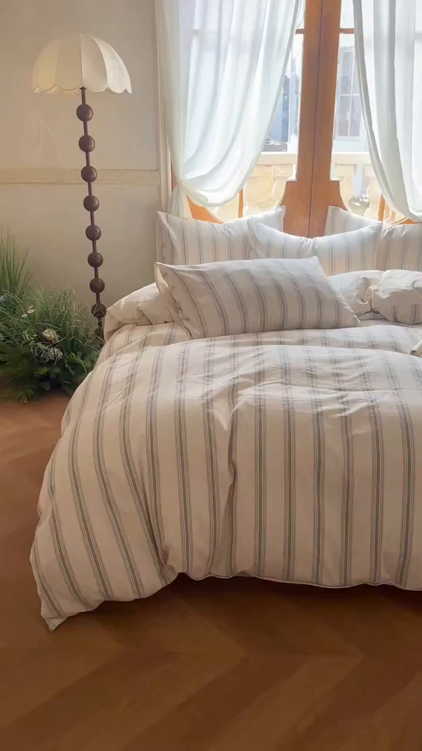 91家纺网 家纺一手货源 找家纺 田野 2026新款全棉棉麻四件套-条纹系列 禾风 粉绿