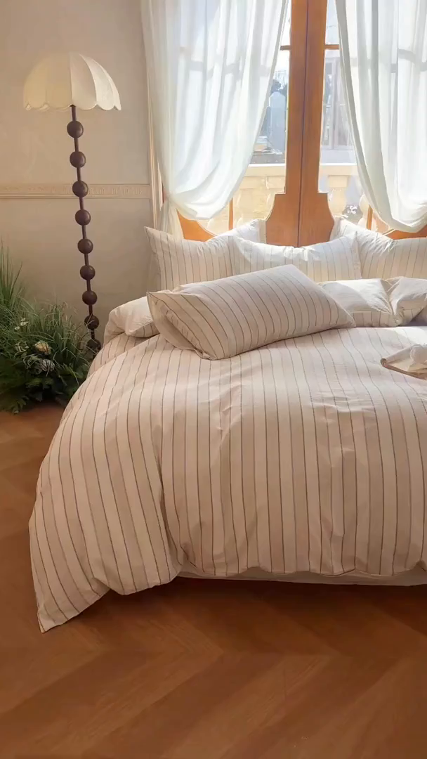 91家纺网 家纺一手货源 找家纺 田野 2026新款全棉棉麻四件套-条纹系列 禾风 紫条