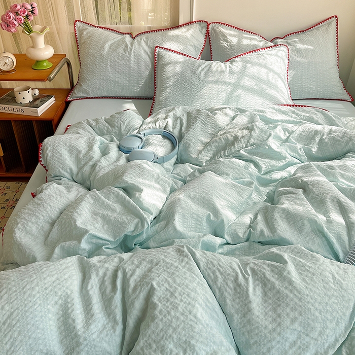 91家纺网 家纺一手货源 找家纺 仟网汇 2026新款泡泡纱三角针四件套--纯色系列 薄荷绿