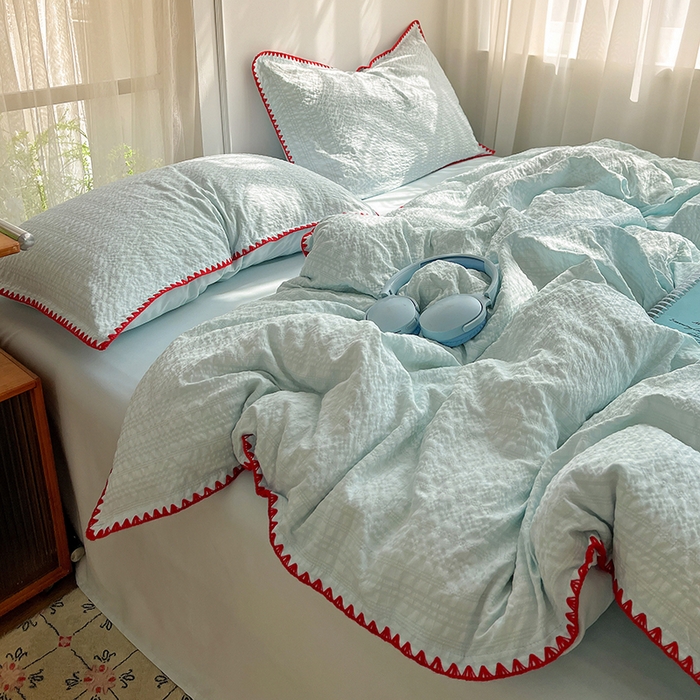 91家纺网 家纺一手货源 找家纺 仟网汇 2026新款泡泡纱三角针四件套--纯色系列 薄荷绿