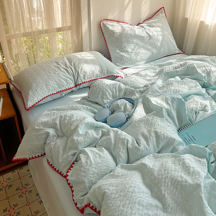 91家纺网 家纺一手货源 找家纺 仟网汇 2026新款泡泡纱三角针四件套--纯色系列 薄荷绿