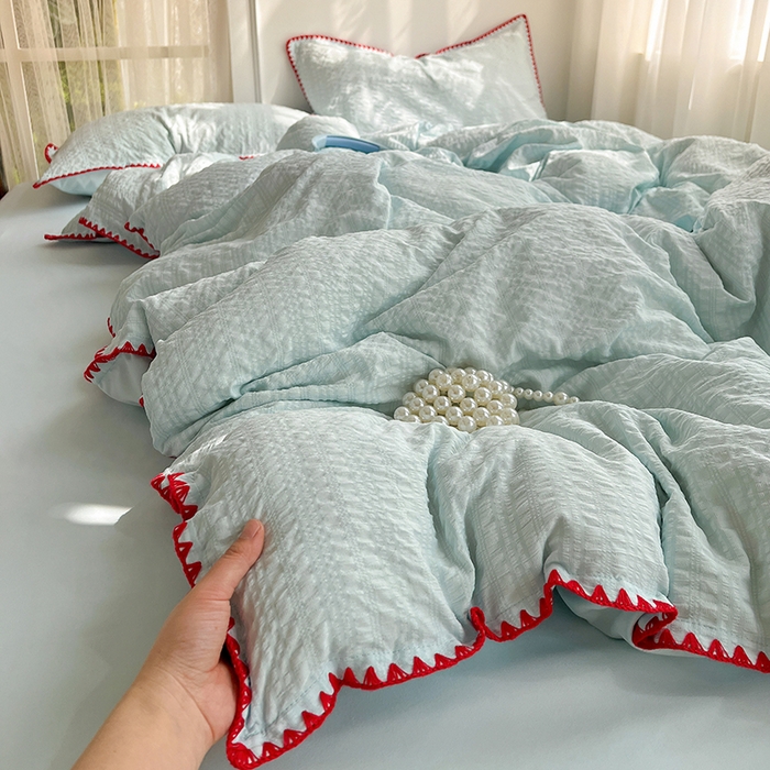 91家纺网 家纺一手货源 找家纺 仟网汇 2026新款泡泡纱三角针四件套--纯色系列 薄荷绿