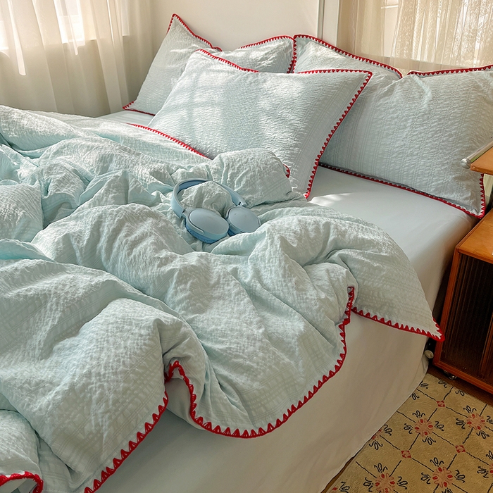 91家纺网 家纺一手货源 找家纺 仟网汇 2026新款泡泡纱三角针四件套--纯色系列 薄荷绿