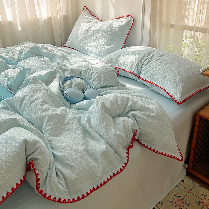 91家纺网 家纺一手货源 找家纺 仟网汇 2026新款泡泡纱三角针四件套--纯色系列 薄荷绿