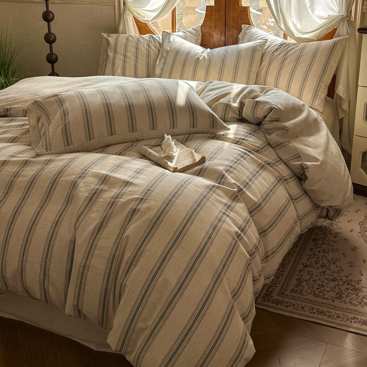 91家纺网 家纺一手货源 找家纺 （总）田野 2026新款全棉棉麻四件套-条纹系列