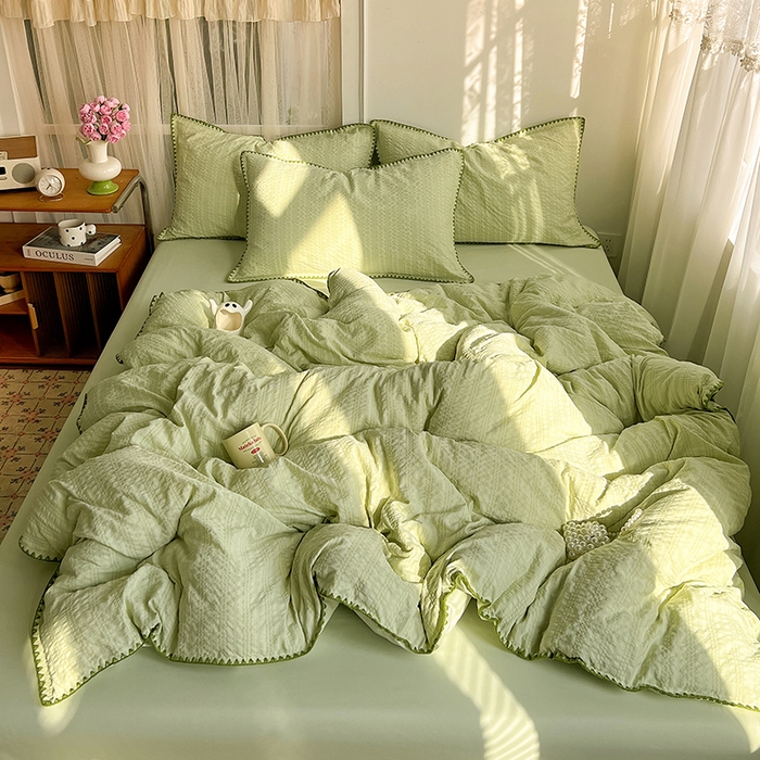 仟网汇 2026新款泡泡纱三角针四件套--纯色系列 抹茶绿