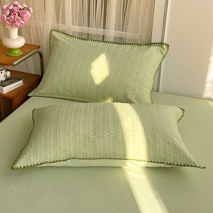 91家纺网 家纺一手货源 找家纺 仟网汇 2026新款泡泡纱三角针四件套--纯色系列 抹茶绿