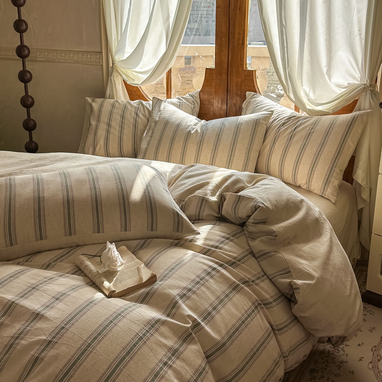 91家纺网 家纺一手货源 找家纺 田野 2026新款全棉棉麻四件套-条纹系列 禾风 粉绿