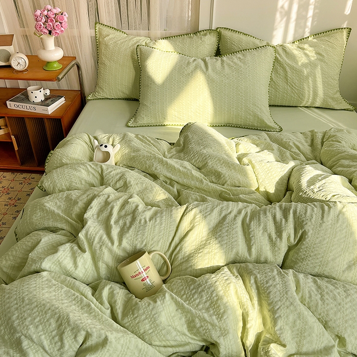 91家纺网 家纺一手货源 找家纺 仟网汇 2026新款泡泡纱三角针四件套--纯色系列 抹茶绿