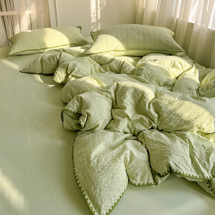 91家纺网 家纺一手货源 找家纺 仟网汇 2026新款泡泡纱三角针四件套--纯色系列 抹茶绿