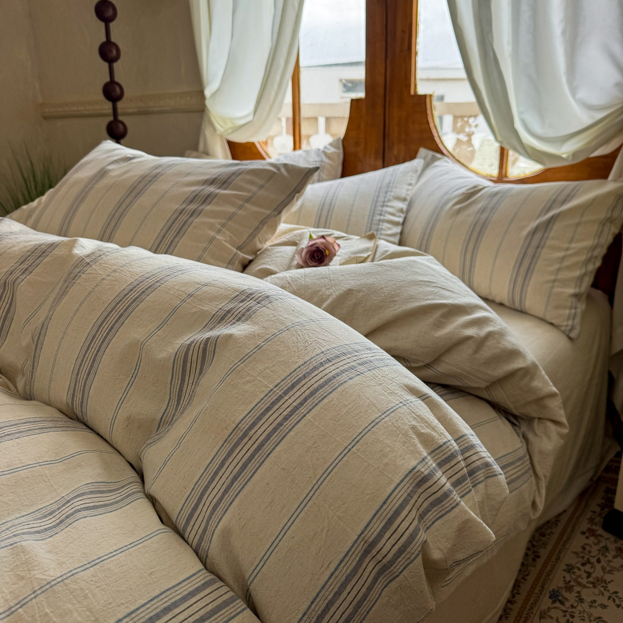 91家纺网 家纺一手货源 找家纺 田野 2026新款全棉棉麻四件套-条纹系列 禾风 兰灰