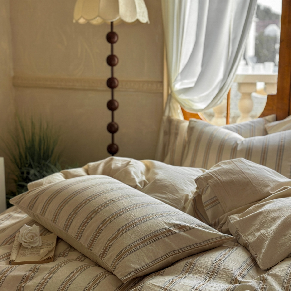 91家纺网 家纺一手货源 找家纺 田野 2026新款全棉棉麻四件套-条纹系列 禾风 卡其