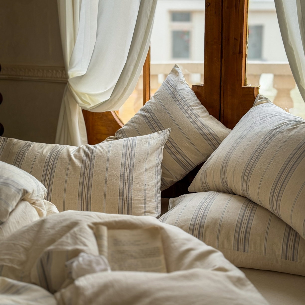 91家纺网 家纺一手货源 找家纺 田野 2026新款全棉棉麻四件套-条纹系列 禾风 兰灰