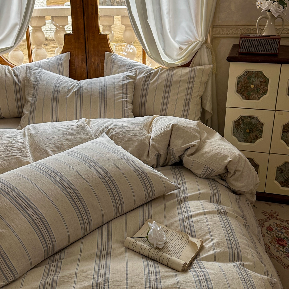 91家纺网 家纺一手货源 找家纺 田野 2026新款全棉棉麻四件套-条纹系列 禾风 兰灰