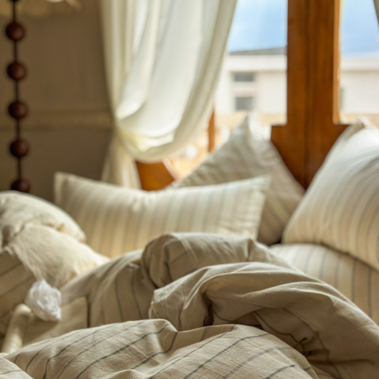 91家纺网 家纺一手货源 找家纺 田野 2026新款全棉棉麻四件套-条纹系列 禾风 紫条