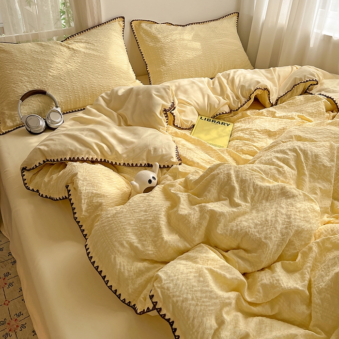 91家纺网 家纺一手货源 找家纺 仟网汇 2026新款泡泡纱三角针四件套--纯色系列 奶油黄