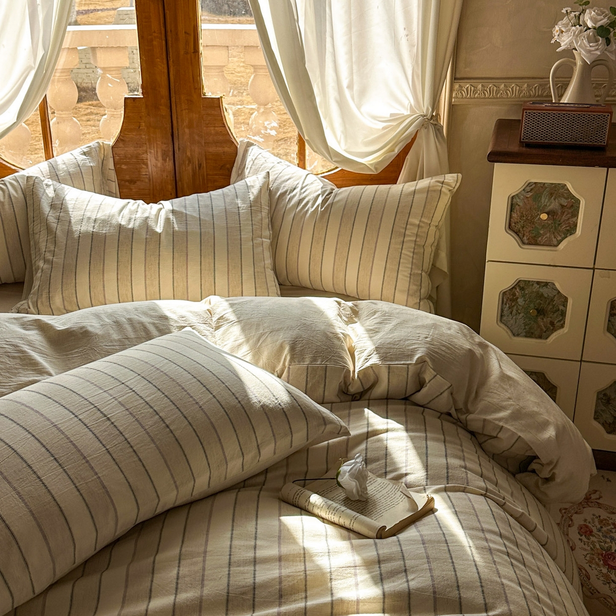 91家纺网 家纺一手货源 找家纺 田野 2026新款全棉棉麻四件套-条纹系列 禾风 紫条