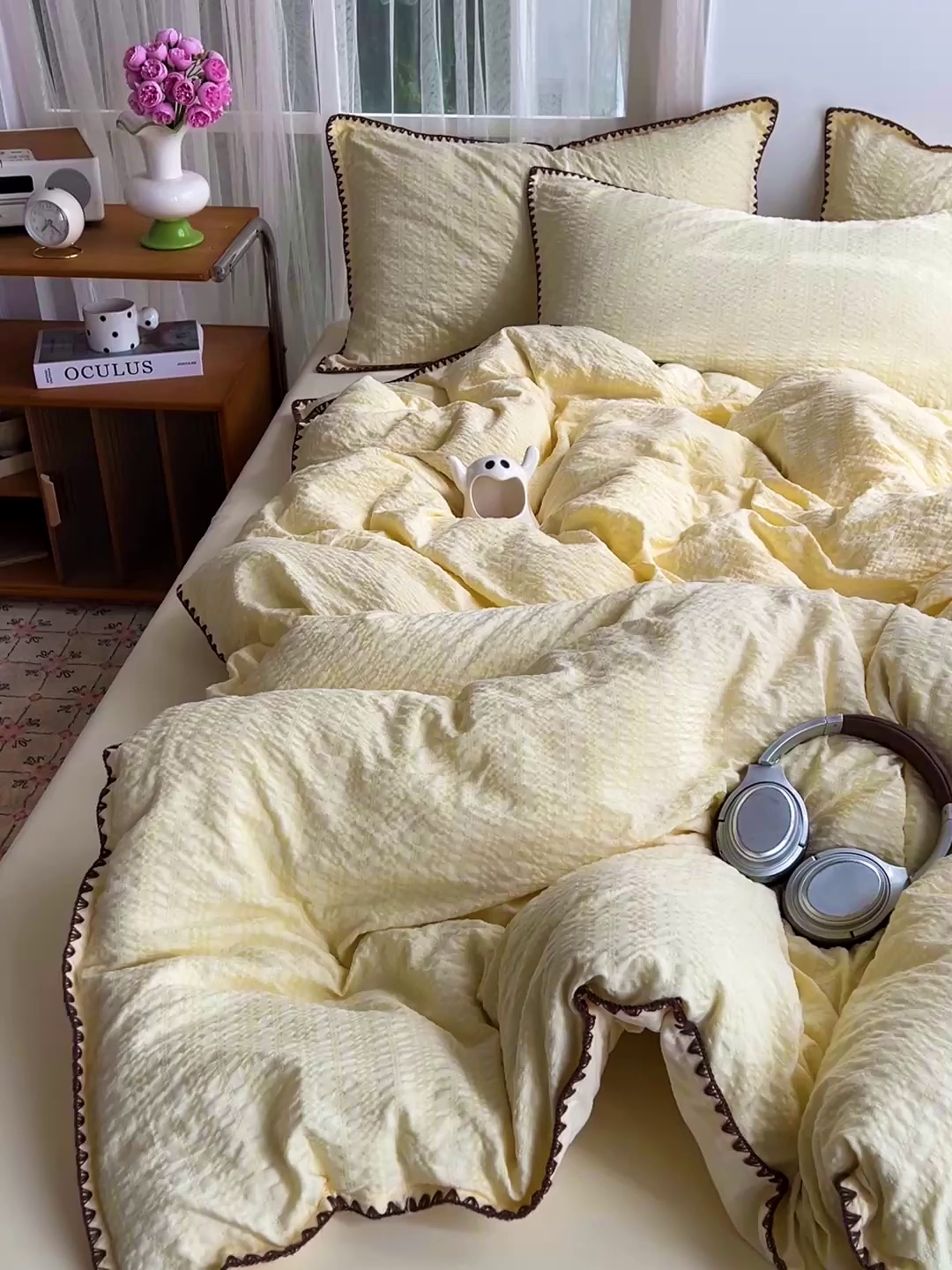 91家纺网 家纺一手货源 找家纺 仟网汇 2026新款泡泡纱三角针四件套--纯色系列 奶油黄