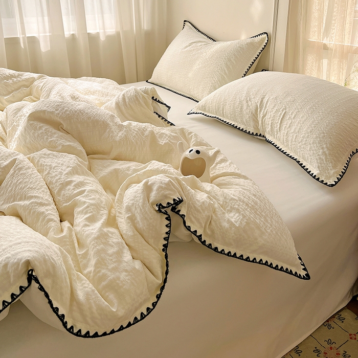 91家纺网 家纺一手货源 找家纺 仟网汇 2026新款泡泡纱三角针四件套--纯色系列 杏仁白