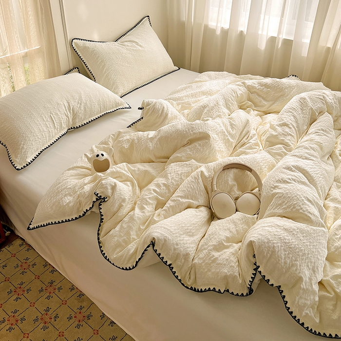 91家纺网 家纺一手货源 找家纺 仟网汇 2026新款泡泡纱三角针四件套--纯色系列 杏仁白