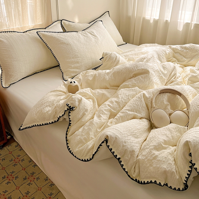 91家纺网 家纺一手货源 找家纺 仟网汇 2026新款泡泡纱三角针四件套--纯色系列 杏仁白