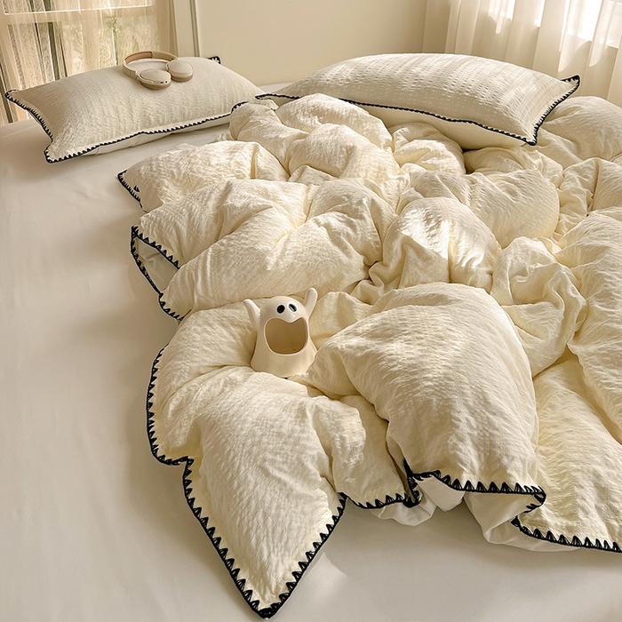 91家纺网 家纺一手货源 找家纺 仟网汇 2026新款泡泡纱三角针四件套--纯色系列 杏仁白