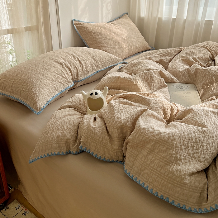 91家纺网 家纺一手货源 找家纺 仟网汇 2026新款泡泡纱三角针四件套--纯色系列 燕麦咖