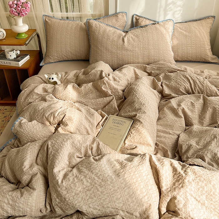 91家纺网 家纺一手货源 找家纺 仟网汇 2026新款泡泡纱三角针四件套--纯色系列 燕麦咖