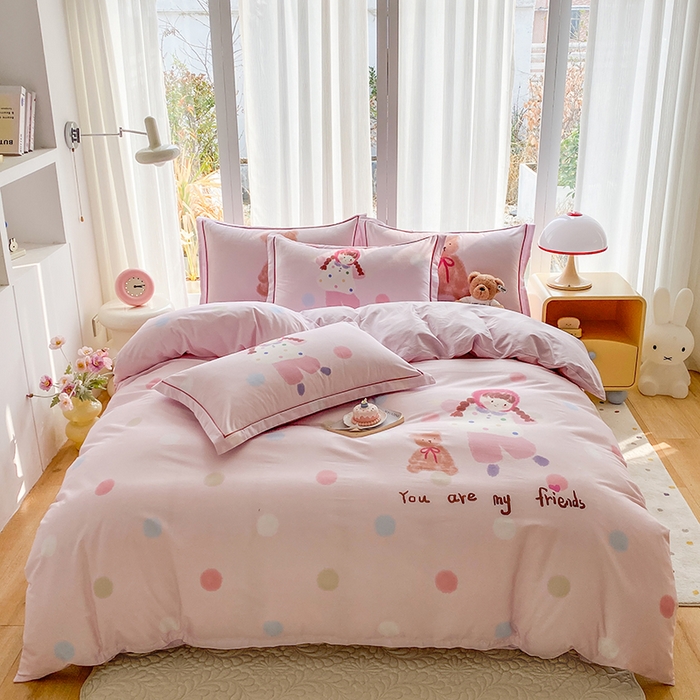 眷恋家纺 2026新款全棉小清新铂金棉13376卡通三件套四件套 小不点-粉