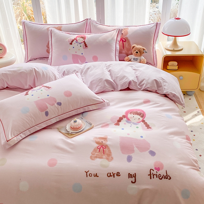 91家纺网 家纺一手货源 找家纺 眷恋家纺 2026新款全棉小清新铂金棉13376卡通三件套四件套 小不点-粉