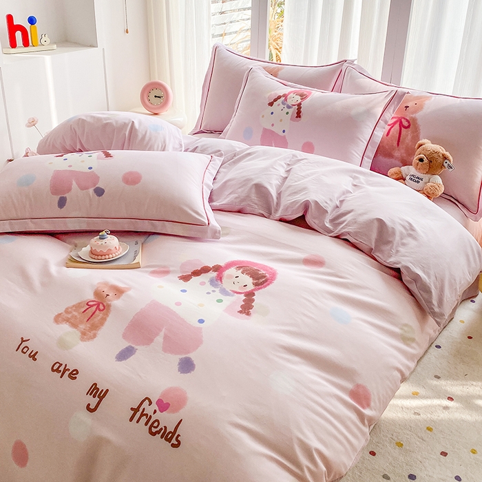 91家纺网 家纺一手货源 找家纺 眷恋家纺 2026新款全棉小清新铂金棉13376卡通三件套四件套 小不点-粉