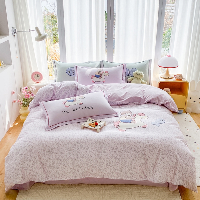 眷恋家纺 2026新款全棉小清新铂金棉13376卡通三件套四件套 花与寻-紫
